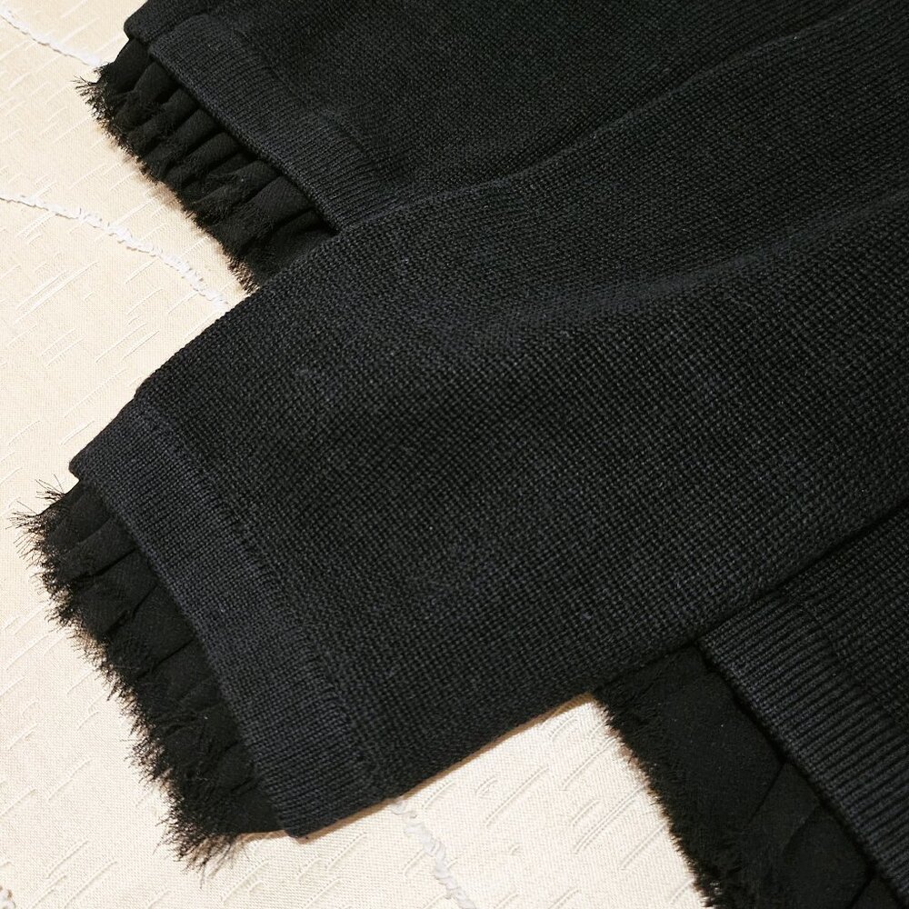 WHBM ELEGANT BLACK CARDIGAN w/ WHITE PEARL & BLACK RUFFLE POCKET & CUFF ACCENTS - Picture 11 of 16